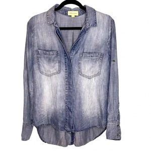 Cloth & Stone Chambray Faded Distressed High Low  Top-Blue-Split Back Hem-Size M